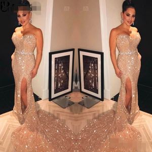 Sparkle Gold Evening Dresses Long 2020 Sweetheart Beading crystal Belt Sequin sexy side Slit Sexy Mermaid Prom Dress vestidos de gala