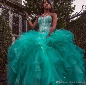 2019 Sparkly Hunter Green Quinceanera Vestido Princesa Ruffles Doce 16 idades Long Girls Festa de Prom Festa Grown Plus Size Custom Feito