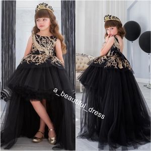 Gold Sequins Flower Girl Dress With Train Black Ball Gown Hi Lo Little Girls Pagesnt Dress Tiered Formal Gowns For Kids FG1295