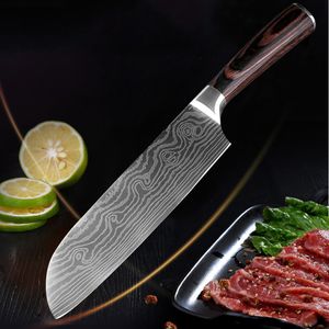 7 tum Kockkniv Imitation Damascus Steel Sharp Cleaver Sushi Knivar Trähandtag Flödande Sandvågmönster Kök Köttknivar DH1472 T03