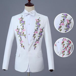 Broderad plommon blazer män kostym med byxor mens bröllop kostym kostym sångare stjärna stil scen kläder vit formell klänning