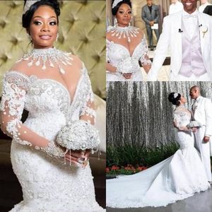 Plus Size Afrikanische Meerjungfrau Brautkleider Nigerian Arabisch Stehkragen Langarm Spitze Perlen Hofzug Luxus Brautkleider