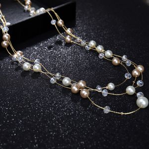 Wholesale- designer luxury classic style beautiful glittering crystal elegant pearl multi layer long sweater statement necklace for woman