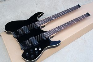 Guitarra elétrica sem cabeça de pescoço duplo com hardware preto, ligação corporal, escala de jacarandá, pode ser personalizada