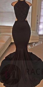 I lager US12 Black Halter Elastic Satin Mermaid Long Prom Klänningar Lace Beaded Backless Court Train Evening Party Dresses