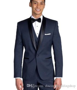 High Quality Navy Blue Groom Tuxedos Shawl Collar Men Wedding Prom Dress Blazer Party Business Suits (Jacket+Pants+Vest+Tie) J669