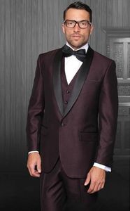 Brand New Burgundy Groom Tuxedos Black Lapel Groomsmen Mens Sukienka ślubna Popularna Kurtka Mężczyzna Blazer 3 szt. Garnitur (kurtka + spodnie + kamizelka + krawat) 877