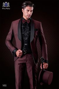 New Arrival One Button Burgundy Wedding Groom Tuxedos Shawl Lapel Groomsmen Men Suits Prom Blazer (Jacket+Pants+Vest+Tie) NO:6099