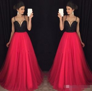 Siyah kırmızı seksi balo elbiseleri spagetti kayışları boncuklu aplike taban uzunluğu özel yapım akşam parti elbiseleri resmi ocn giyim artı boyutu