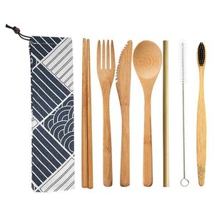 New lift style bamboo cutlery set spoon knife fork with case reusable healthy travel disposable eco friendly biodegradable tableware dinner