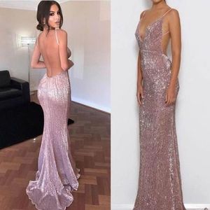 Moda Dusty Rose Mermaid Prom Dresses 2019 Sexy Open Back Deep V-Neck Cekinowy Wieczór Formalna Sukienka Paolo Sebastian Party Vestiod de