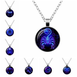 12 Zodiac Sign Pendant Necklace Glass Cabochon Double Galaxy Constellation Horoscope Astrology Necklace For Women Men Jewelry