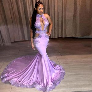 Sexy Keyhole Cut Out Mermaid Lavender Suknie Wieczorowe Aplikacje Cekinowa Kryształowa Koronka Prom S Gown Sweep Pociąg Sadin Party Suknie