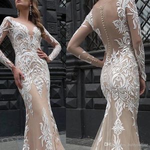 Eleganckie 3d Koronki Appliqued Suknie ślubne Mermaid Szampan Nowy Sheer Długi Rękaw Illusion Backless Z Guzikami Zakryty Długie Suknie Ślubne