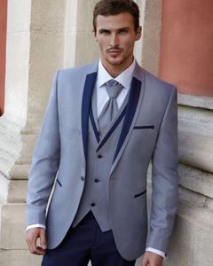 Slim Fit Grey Groom Tuxedos Sjal Lapel Groomsman Bröllop Tuxedos Fashion Men Prom Jacka Blazer 3piece Suit (Jacka + Byxor + Tie + Vest) 865