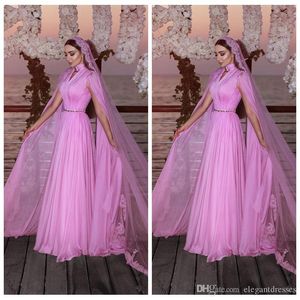 Fuksja Wysoka szyja A-Line Prom Dresses Szyfon Sweep Pociąg Długie Formalne Wieczorowe Suknie Party Suknie Wieczór Nosić Ogstuff Vestidos