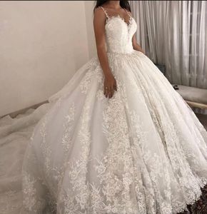 Sexy Spaghetti Strap 2019 Ball Gown Wedding Dresses Lace Appliques Plus Size Bridal Gowns Dubai Saudi Arabic Sweep Train Wedding Dresses