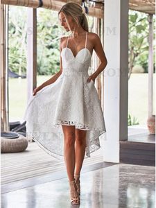 A-line Lace Alta Baixa Vestidos De Casamento 2019 Com Alças Curto Longo Frente Longo Voltar Hi Lo Mulheres Verão Praia Curto Vestido De Casamento