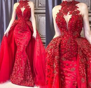 Luksusowe suknie wieczorowe z odłączanym pociągiem wysokiej szyi koronki Appliqued Pearls Sweep Pociąg Red Mermaid Prom Dress Custom Plus Size Party Suknie