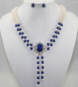 Free Shipping Wholesale noble mixed 2 rows7-8mm white shell pearl and blue Natural Stone+ crystal fashion jewelry set>>005