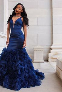 Royal Blue Prom Dresses Evening Gowns Sexy Deep V Neck Sleeveless Mermaid Ruffles Organza Skirt Formal Party Dresses HY4071