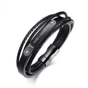 Wholesale leather bracelets for engraving resale online - Black Genuine Leather Bracelet Men Jewelry Emergency Free Engraving ICE Medical DIABETES quot