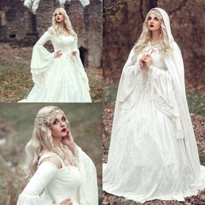 Tradicional medieval gótico vestidos de casamento para duquesa colher sino longo mangas de vapor do punk vestidos de casamento do país vitoriano com capa 2019