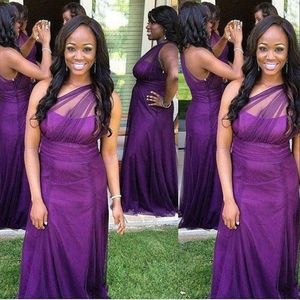 Arabic Cheap Sexy Purple Bridesmaid Dresses One Shoulder Illusion Tulle Long For Weddings Floor Length Plus Size Formal Maid of Honor Gowns