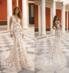 2019 Berta Mermaid Wedding Dresses Lace Applique Sheer Jewel Neckline Beach Bridal Gowns Button Covered Court Train Cheap Wedding Dress