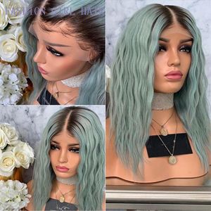 Ny Middle Part Water Wave Bob Wig Ombre Grön Färg Brasiliansk Lace Front Wig Pre Plucked Kort Syntetiska Paryker För Black Women