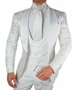 Branco Jacquard Noivo Smoking Xaile Lapel Padrinho Casamento 3 Peças Terno Clássico Masculino Negócios Baile Festa Jaqueta Blazer(Jaqueta+Calça+Gravata+Colete)6