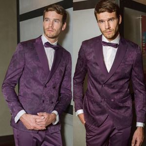 Burgundy Double Breasted Groom Wedding Tuxedos Notched Lapel Groomsmen Mens Suits Excellent Man Jacket Blazer 2 Piece(Jacket+Pants)