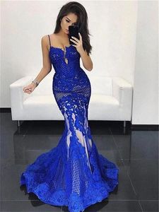 Sexig öppen bakre blå spets Mermaid Long Afton Dress Robe de Soiree Spaghetti Straps Evening Party Dresses