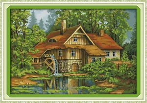 Cabin with water truck scenery home decor painting ,Handmade Cross Stitch Embroidery Needlework sets counted print on canvas DMC 14CT /11CT