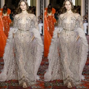 Zuhair Murad Nya Sparkly Evening Klänningar Med Päls Omslag Illusion Sheer Neck Crystal Celebrity Pagant Gowns Custom Long Sleeve Prom Dress