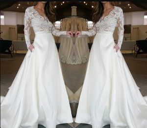 Koronkowe satynowe A-line długie rękawy Suknie ślubne 2019 Sheer Illusion Top Formalne suknie ślubne z kieszeniami boho ślubne suknie ślubne