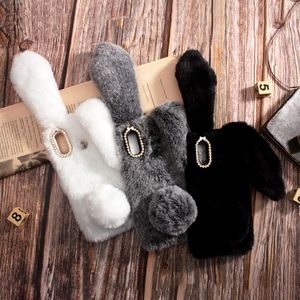 Fashion 3D Rabbit Genuine Hair Plush Cases For iPhone 15 14 13 Pro Max 12 11 XR XS X 8 7 6 Plus Bling Diamond Fluffy Fur Fuzzy Girl Soft TPU Animal Ear Mobile Phone Cover