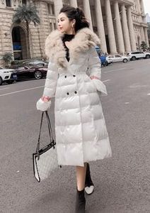 2019 Zima Nowe Damskie Damskie Fox Fur Collar Slim Talii White Duck Down Padded Midi Long Parkas Down Coat Casaacos Smlxl