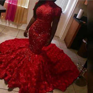 Major Beads African Prom Dresses High Neck Capped Sleeves 3D Floral Sweep Train Mermaid Evening Gowns Plus Size Red Carpet Party Dress