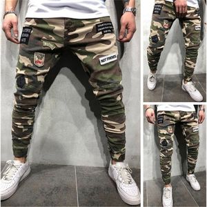 Skinny Stretch Jeansbyxor för män Kamouflage Plisserad Ripped Slim Fit Jeans Byxor 2019 byxor jeans herr Kläder