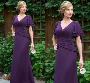 New Dark Purple Mother Of The Bride Dresses V Neck Ruched Short Sleeves Mother's Dresses Long Chiffon Evening Party Gowns