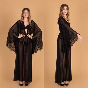 Black Wedding BathRobes High V-neck Long Sleeve Chiffon Lace Sheer Ribbon Sash Nightgown For Women Sweep Train Custom Made Bridal Robe