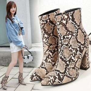 Sexy Snake Grain Animal Prints Pointed Toes Block Heels Ankle Booties Size 34 To 40