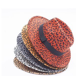 Estilo britânico mulheres homens leopardo padrão jazz chapéu liso borda artificial lã feltro fedora chapéus com fita preta cowboy trilby boné