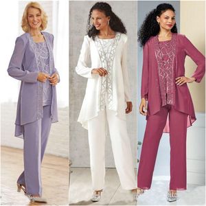 Lavendel Beaded Mother of the Bride Pant Suits Jewel Neck Sevinnad Formell Bröllop Gästklänning Med Jackor Plus Storlek Mothers Groom Outfit