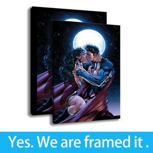 Superman och Wonder Woman Kiss Konsttryck Porch Decor Canvas Målning Inramad Konst - Klar att hänga - Support Anpassning