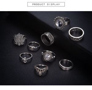 9 pieces of silver vintage ethnic style exaggerated gems combination bohemian stack ring rhinestone joint ring nail ring set for female girl