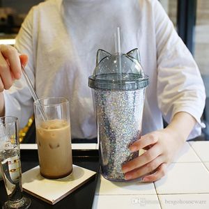 Cat Ear Flashing Double Layer Cup Cute Cartoon Creative Plastic Cups Tumbler Sequin Juice Wine Bottle With Straw Gift Cup Copa Intermitente De Doble Capa