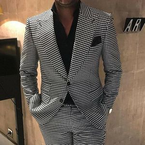 2020 Classic Black White Plaid Peak Lapel Groom Bröllop Tuxedos Män Party Prom Best Man Blazer Suit (Jacket + Byxor)