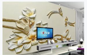 Personalizado 3d mural papel de parede foto papel de parede Orquídea alívio 3D sala de TV fundo da parede flor e pássaro decorativo mural